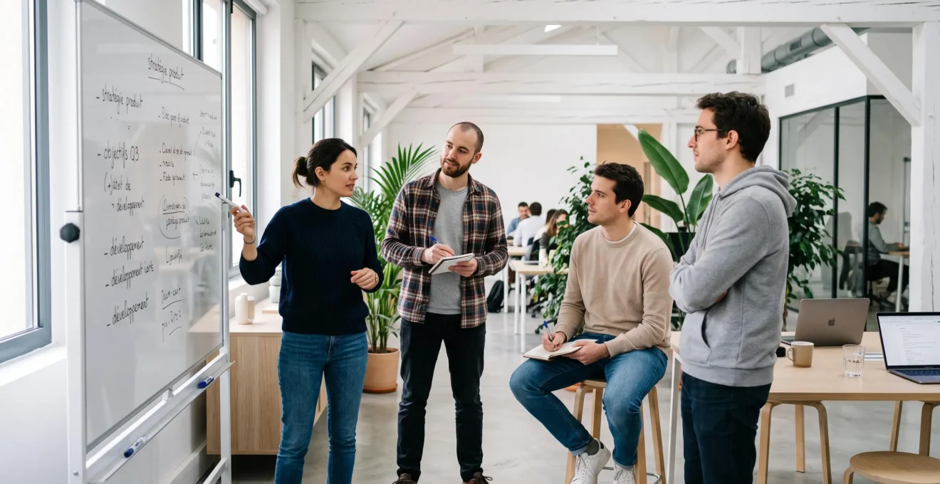 Équipe de startup tech française en réunion collaborative autour d'un tableau blanc dans un open-space moderne, ambiance professionnelle décontractée, lumière naturelle