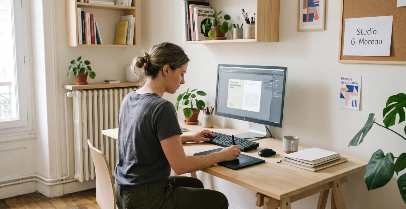 Graphiste freelance français travaillant seul dans son bureau à domicile épuré, de trois-quarts face à son ordinateur, lumière naturelle douce