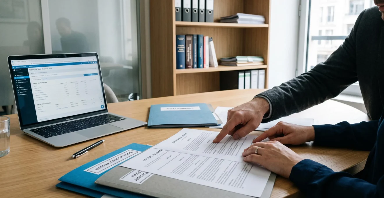 Mains d'un expert-comptable et d'un entrepreneur consultant des statuts de société sur une table de réunion professionnelle, environnement de bureau français contemporain