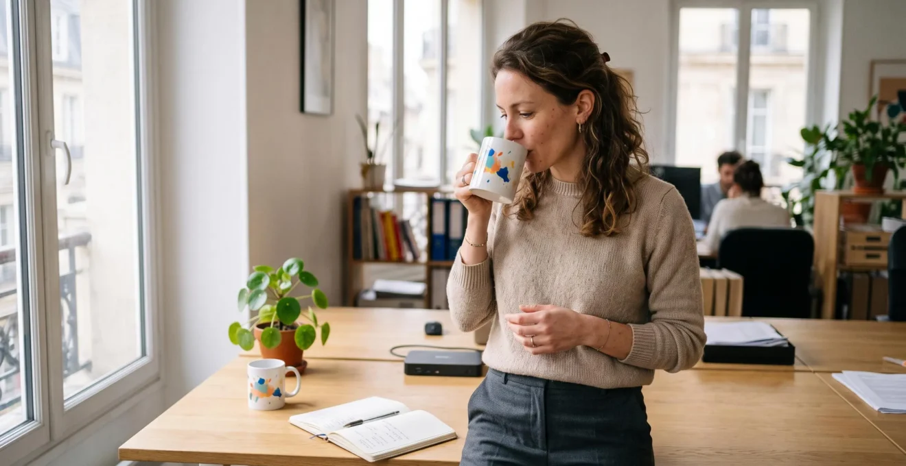Une collaboratrice savoure un café dans un mug personnalisé posé à côté de son espace de travail dans un bureau lumineux.