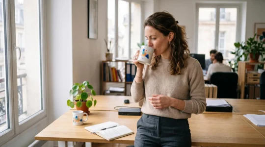 Une collaboratrice savoure un café dans un mug personnalisé posé à côté de son espace de travail dans un bureau lumineux.