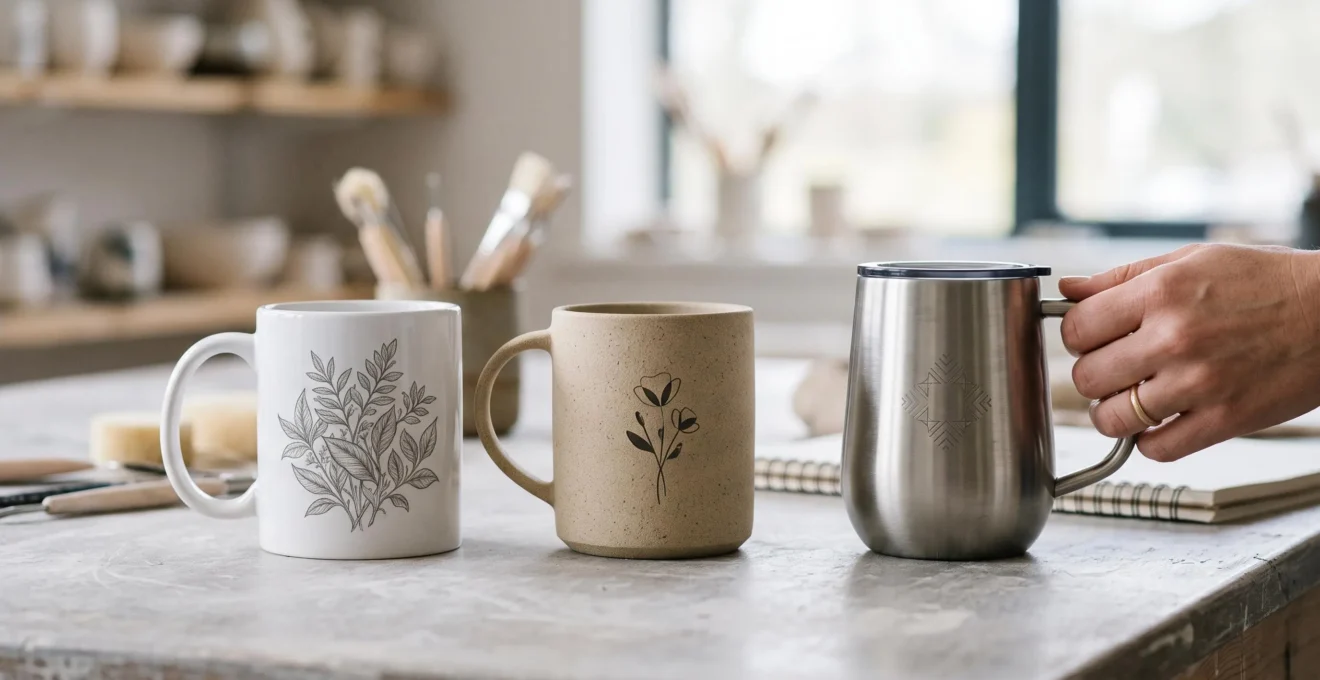 Gros plan sur trois mugs en céramique, grès et acier isotherme posés côte à côte avec des finitions de personnalisation différentes.