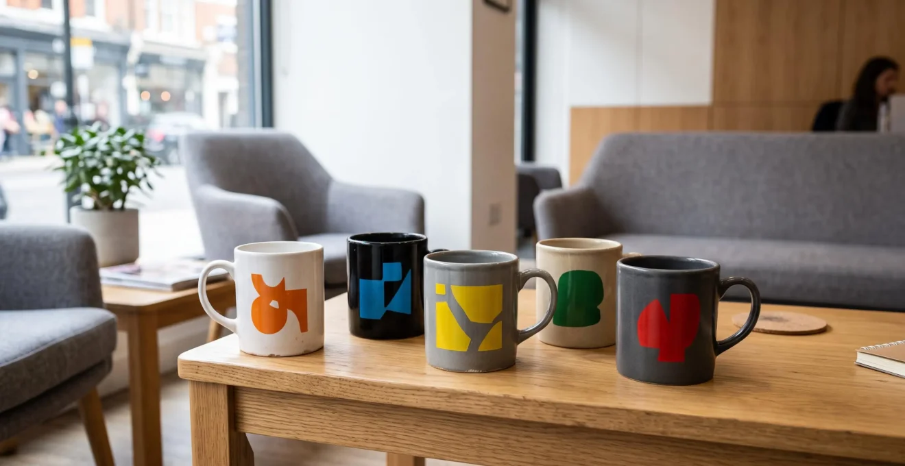 Plusieurs mugs personnalisés de coloris neutres aux motifs variés sont alignés sur une table dans une salle d'attente d'entreprise.